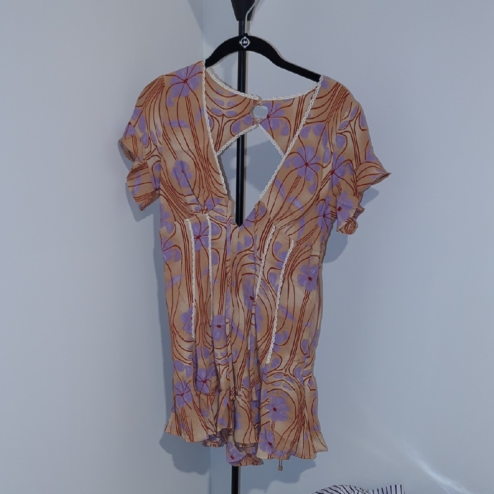 Kimchi Urban Outfitters Flutter Sleeve Romper Orange and Purple Ruffles Lace